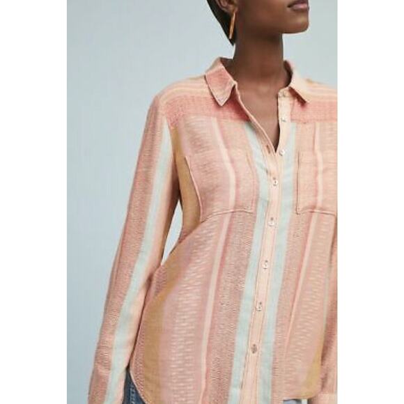 Maeve Anthropologie Calipatria Pink Peach Striped Blouse Button Front Woven Sz 6 - Picture 1 of 5